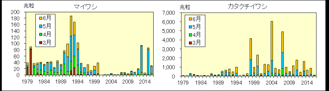 日本海におけるいわし類2種の産卵量の経年変化
